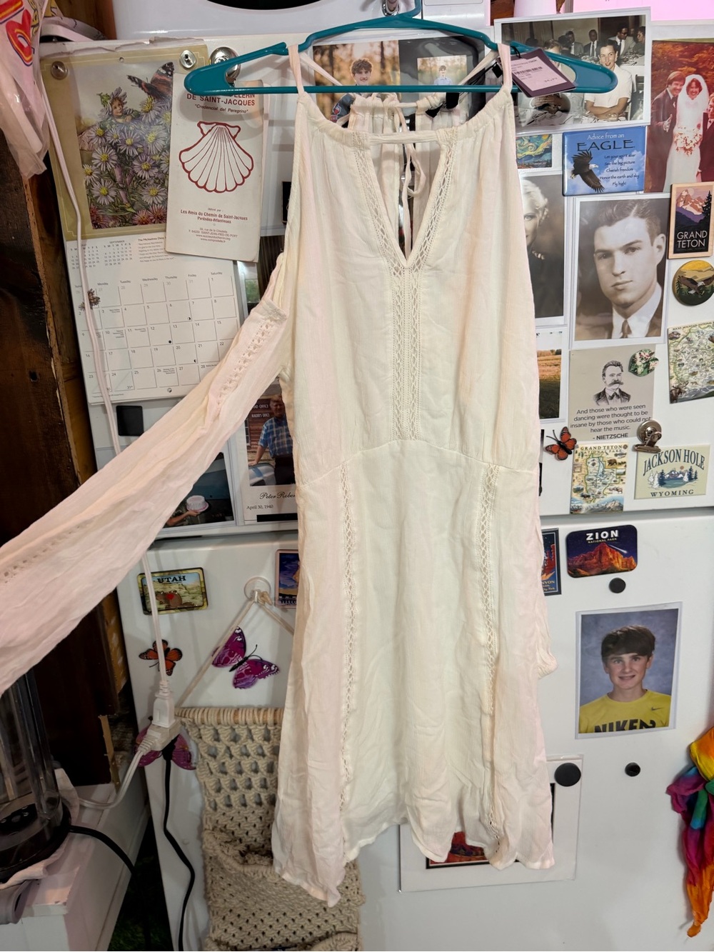 STATE Cream Long-Sleeve Boho Lace-Trim Dress